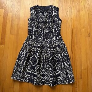 Escada Dress Womens 40 Navy White Floral Jacquard‎ Sleeveless Fit & Flare Party